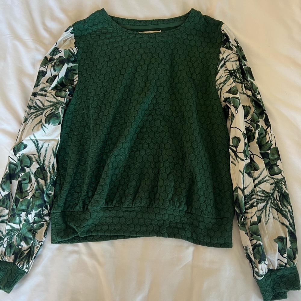 Anthropologie Dark Green Textured Pullover with Botanical Balloon Sleeves
